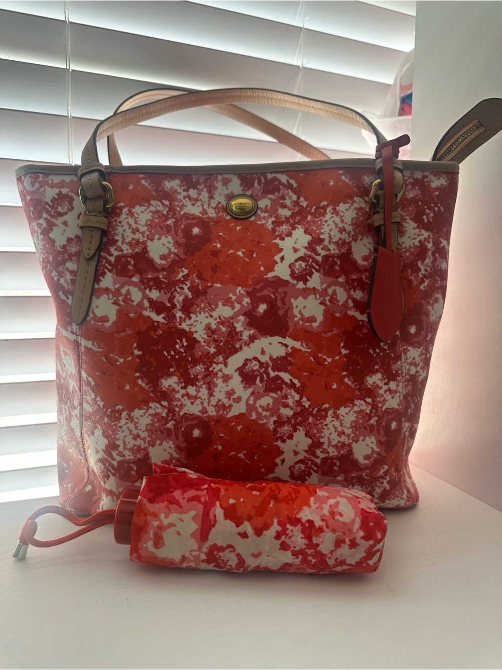 Coach Peyton Floral Print Zip Tote in Red, Orange & Cream with Tan Leather Trim